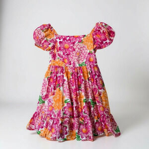 Joie Girls Floral Smocked Dress Pink Orange Puff Sleeve Size 8